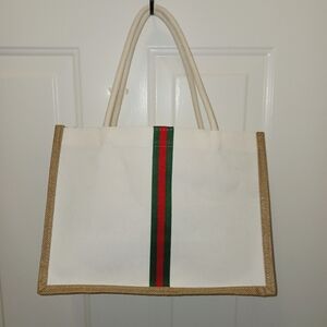 Designer Style White Canvas Tote Bag w/Green & Red Stripe NEW!